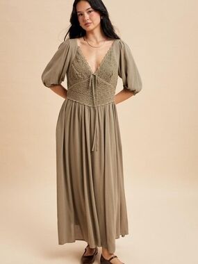 Crochet Bodice Maxi Dress in Olive with Puff Sleeves